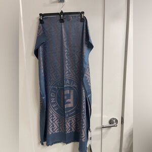 Luxurious Silk and wool Fendi logo Asymmetrical Scarf/Pasmina in Blue and muave